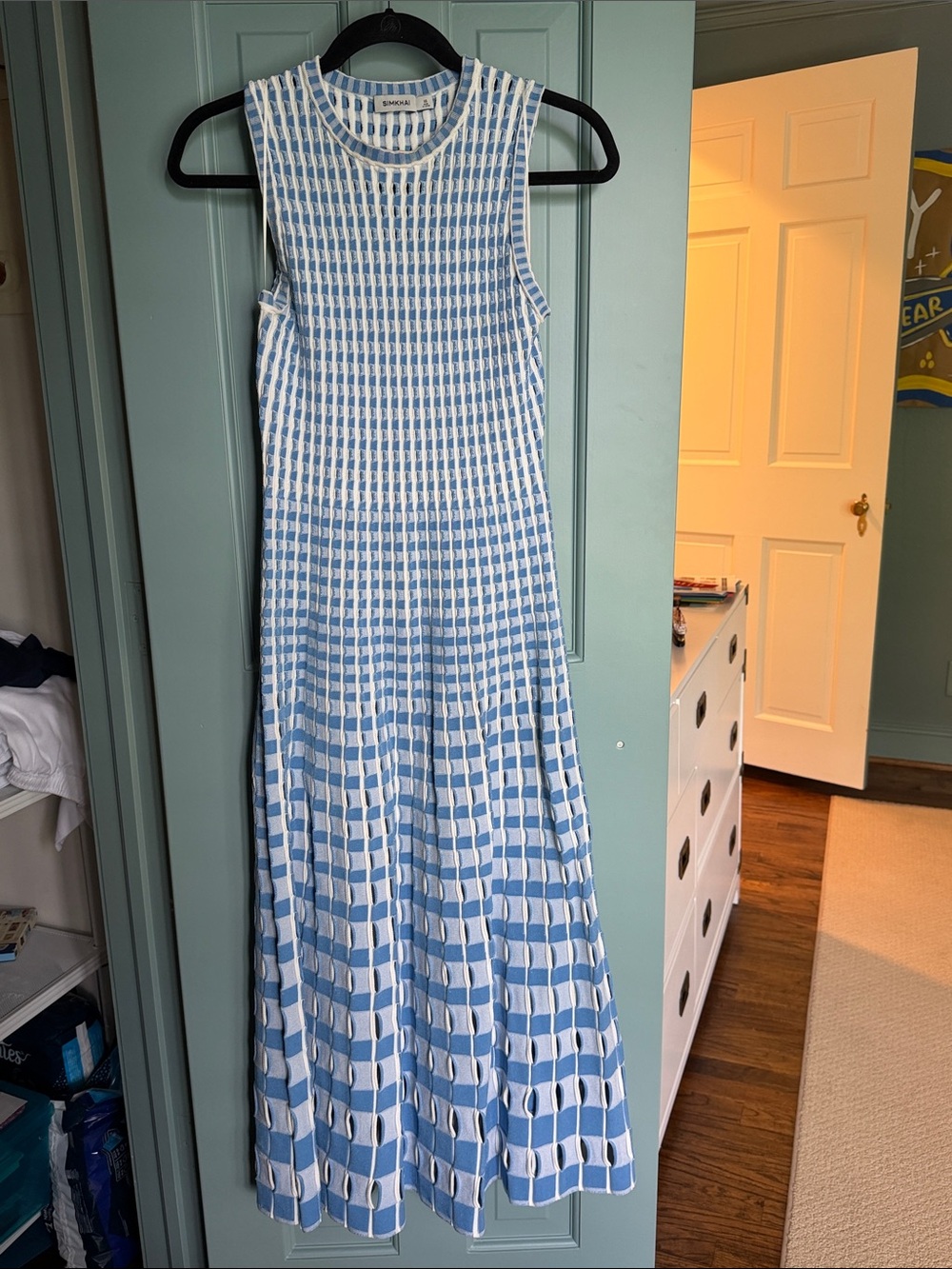 Jonathan Simkhai Blue and White Geometric Knit Maxi Dress